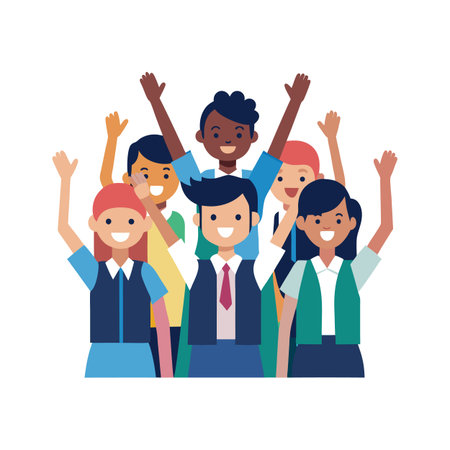 Diverse group celebrates with arms raised in flat designのイラスト素材