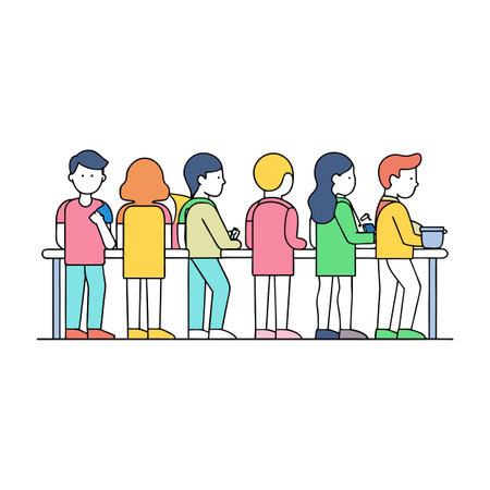 Line of people at a colourful food service stationのイラスト素材