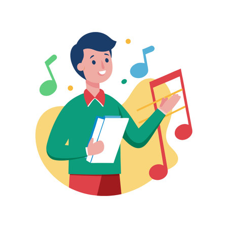 Cartoon man with musical notes against white background illustrationのイラスト素材