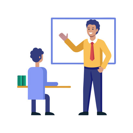 Teacher Explaining Lesson to Student in Classroom Flat Illustrationのイラスト素材