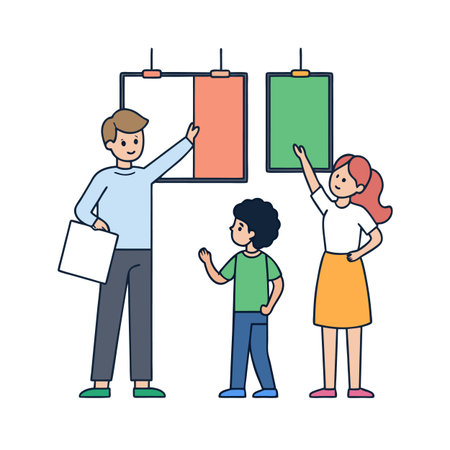 Family viewing project presentations on hanging clipboards illustrationのイラスト素材
