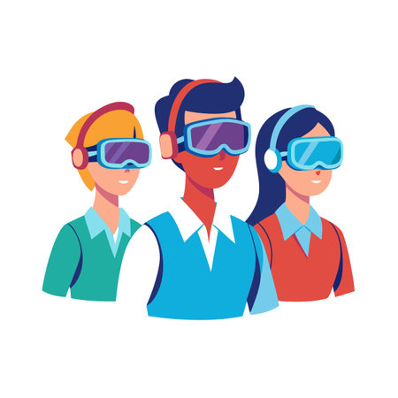 Three people enjoying virtual reality experience with headsets and gogglesのイラスト素材