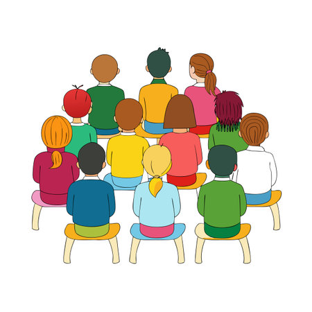 Children sitting in a group, facing away from viewerのイラスト素材