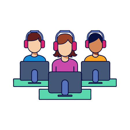 Customer support team with headphones working on computersのイラスト素材