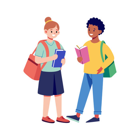 Two students smiling and holding books, standing side by sideのイラスト素材