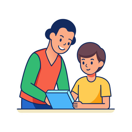 Father assisting son with homework, studying together illustration styleのイラスト素材