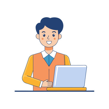Illustration of a young man working on his laptopのイラスト素材