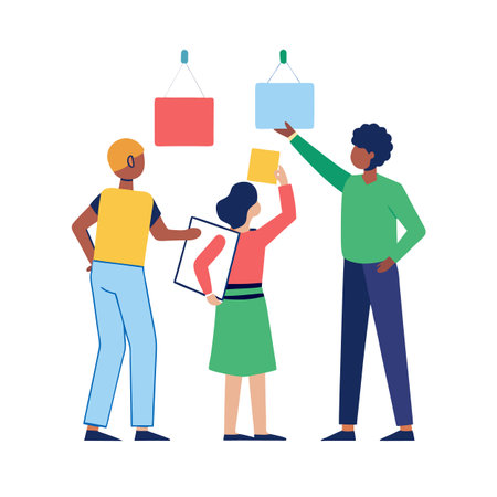 Diverse team displaying color swatches and evaluating art piecesのイラスト素材