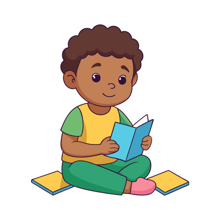 Boy reading book while sitting on the floor smilingのイラスト素材