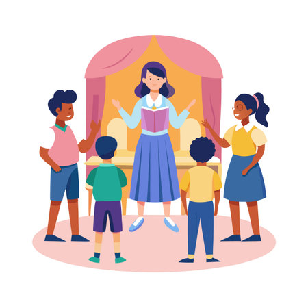Diverse students learning presentation with a teacher in the classroomのイラスト素材