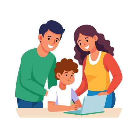 Cartoon family working together on a laptop computer at homeのイラスト素材
