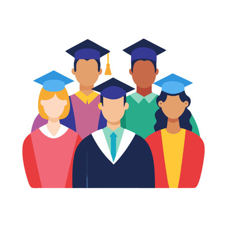 Diverse group of graduates wearing caps and gowns celebratingのイラスト素材