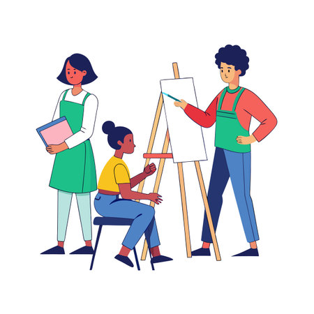 Artists collaborating on a painting in a studio settingのイラスト素材