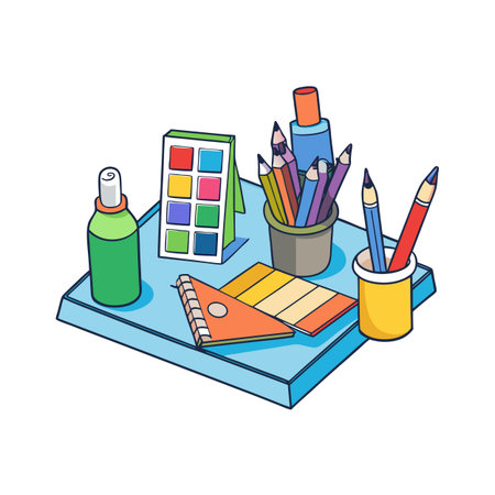 Artist Supplies Illustration: Vibrant pencils, color palettes, and paint tubes on a light blue surfaceのイラスト素材