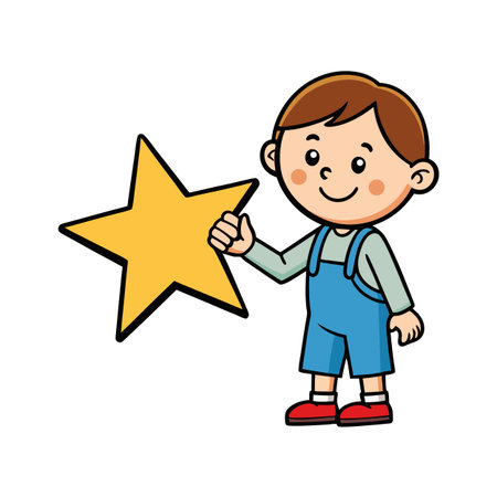 Illustration of smiling boy holding a yellow star graphic with bold outlinesのイラスト素材