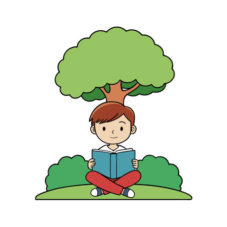 Cartoon boy reading book under green tree with shrubs on grassのイラスト素材