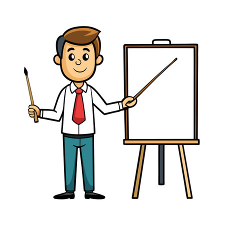 Cartoon Artist Presenting on Easel with Paintbrush and Pointer, Concept Illustrationのイラスト素材
