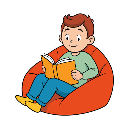 Cartoon Boy Reading a Book on a Beanbag Chair in a Comfortable Settingのイラスト素材