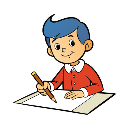 Cartoon Boy Writing or Drawing on Paper with Pencil, Education Conceptのイラスト素材