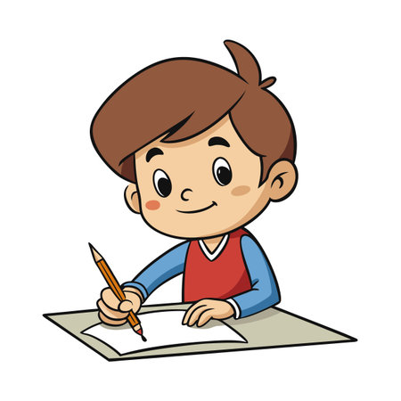 Cartoon boy writing on paper at desk illustration, education or learningのイラスト素材