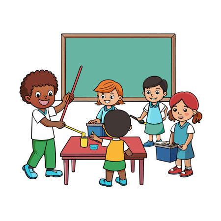 Cartoon students doing a painting and recycling activity in a classroom settingのイラスト素材