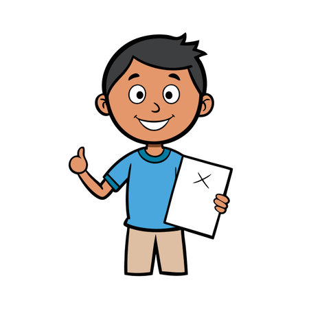 Cartoon boy with brown skin giving a thumbs up and holding paperのイラスト素材