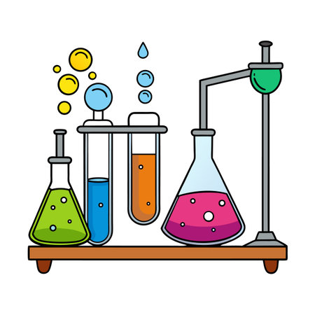 Whimsical science lab setup with colorful beakers and test tubes on wooden standのイラスト素材