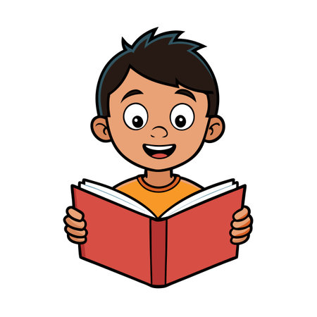Cartoon Boy Reading a Book with Happy Expression Illustration Stock Imageのイラスト素材