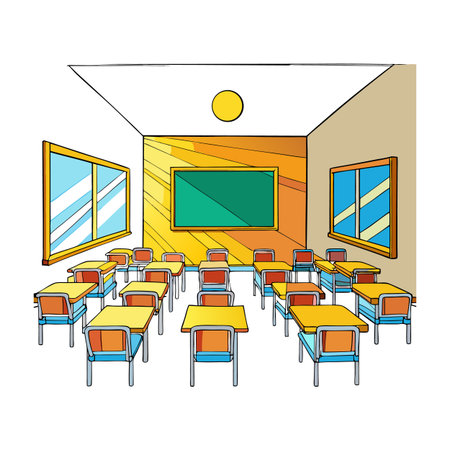 Cartoon classroom illustration with desks blackboard and windows representing a school settingのイラスト素材