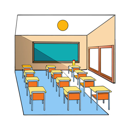 Cartoon classroom with desks chalkboard and warm light depicting learning environmentのイラスト素材