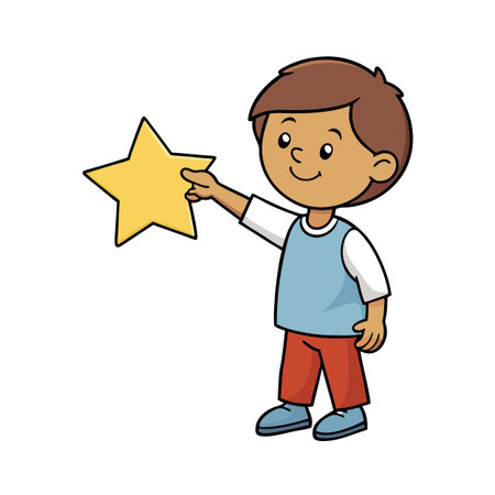 Cartoon Boy Holding Star Reaching for Success and Dreams in Simplified Illustrationのイラスト素材