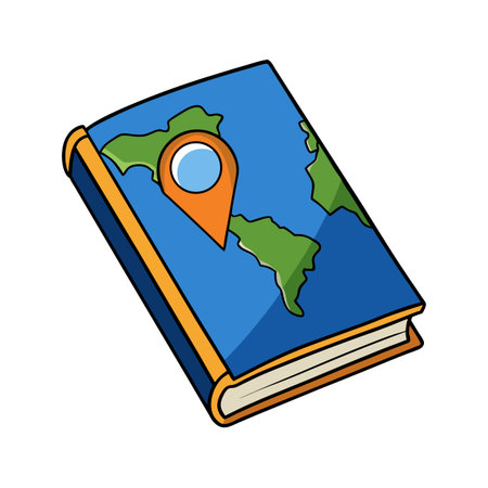 Illustrated map book with location pin representing travel destination and explorationのイラスト素材