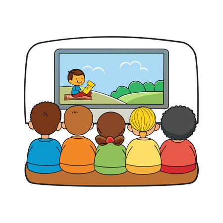 Children watching television cartoon character reading a book on screen at homeのイラスト素材