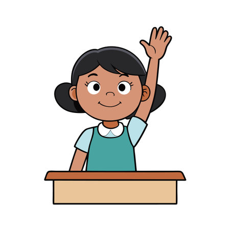 Cartoon student with hand raised at desk, flat vector illustrationのイラスト素材