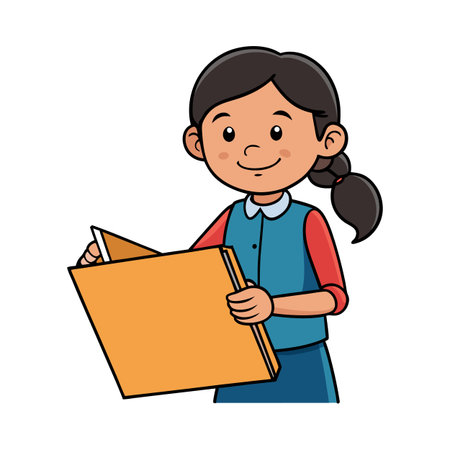 Young girl with ponytail studying a large textbook or folder illustrationのイラスト素材