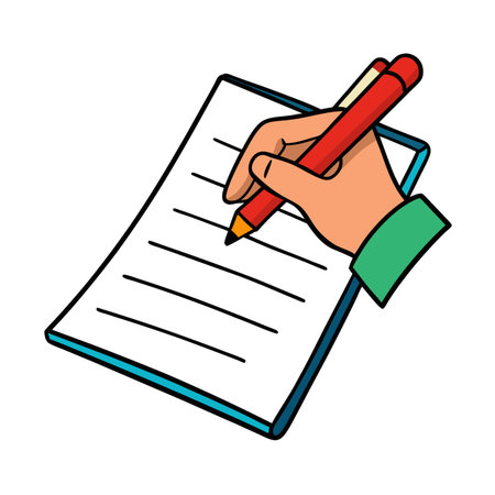Hand writing on lined paper with a red pen in a cartoon styleのイラスト素材