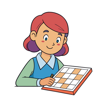 Cartoon girl working on a checkered board for design or illustration needsのイラスト素材