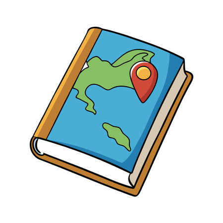 Cartoon book illustration with a world map and location pin iconのイラスト素材