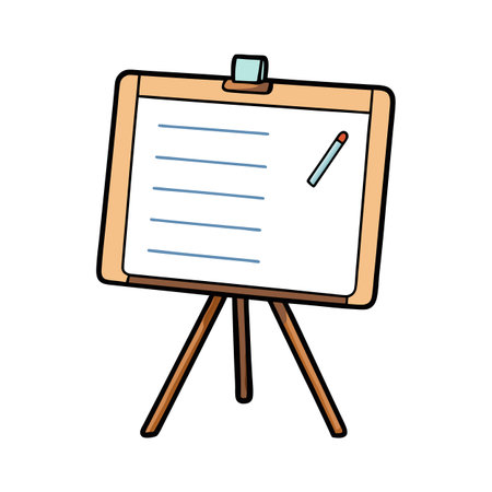 Cartoon whiteboard on a stand with blue lines and pencil graphic elementのイラスト素材