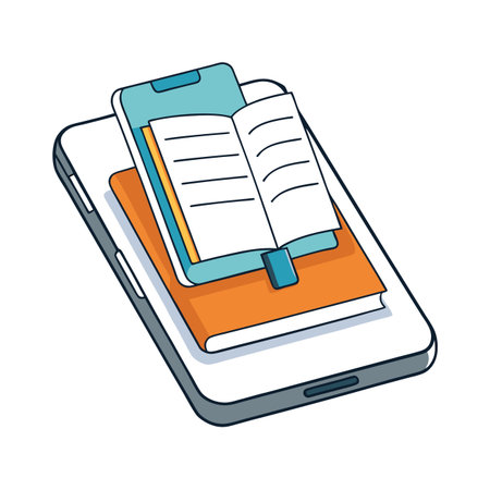 Stylized graphic depicting digital learning resources stacked upon a modern smart phoneのイラスト素材