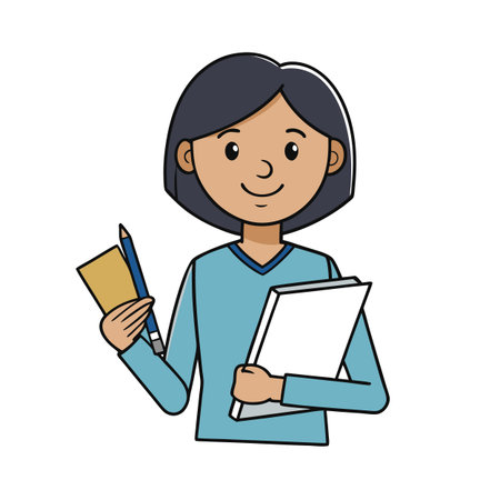 Cartoon woman holding notebook and pencil, graphic illustration, studying and taking notesのイラスト素材