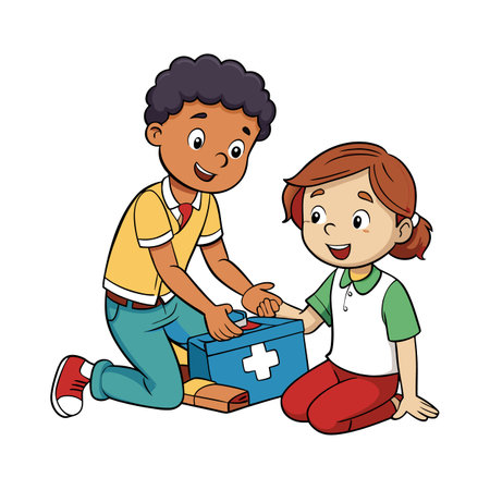 Cartoon Illustration: Kids providing first aid with a first aid kitのイラスト素材