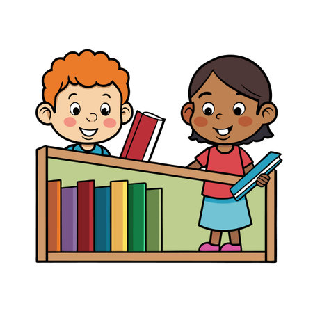 Two children at a colorful bookshelf filled with various books in a classroomのイラスト素材