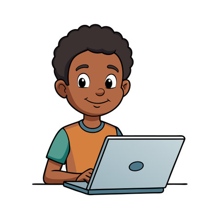 Illustration of a young African-American boy using a laptop computerのイラスト素材