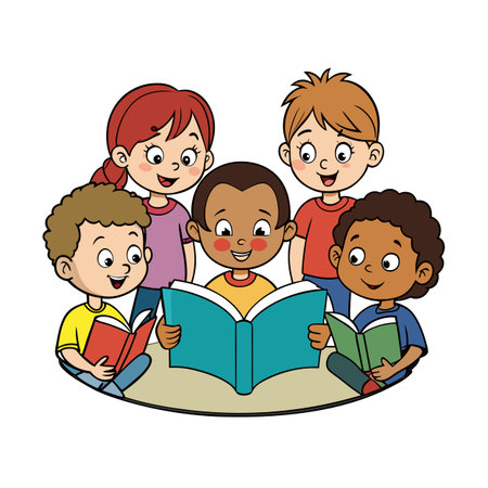 Group of Diverse Children Reading Books Together in a Cartoon Styleのイラスト素材