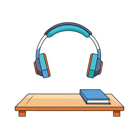 Headphones hover over a small wooden desk next to a blue bookのイラスト素材