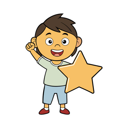 Happy Boy Holding a Star Celebrating Victory in a Flat Cartoon Styleのイラスト素材