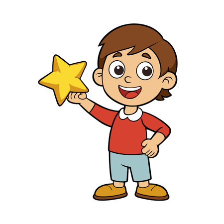 Cartoon boy holding a shining golden star smiling joyfully in a bright studioのイラスト素材