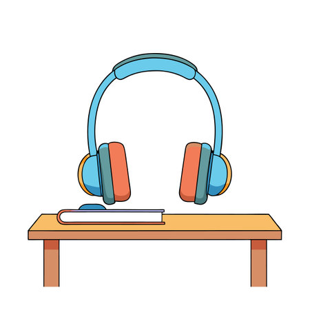 Study break scene with headphones and book on a wood table illustrationのイラスト素材