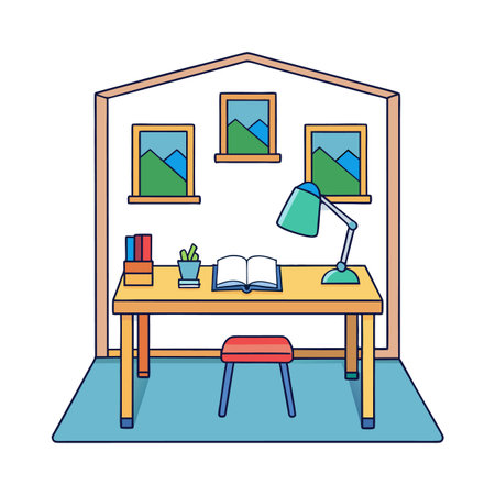 Stylized home office interior with study table, lamp, open book, and picturesのイラスト素材